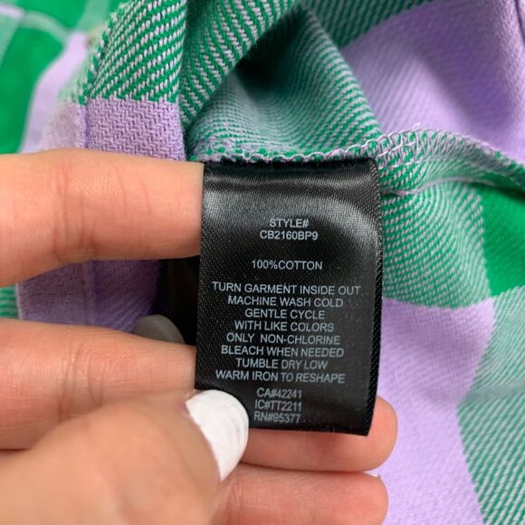 Sanctuary Plaid Button Top Womens XS Pine Check Pocket Detail Cotton Loose Crop - Picture 9 of 13